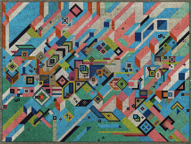 Digital painting that looks like a tapestry with lots of geometric shapes
