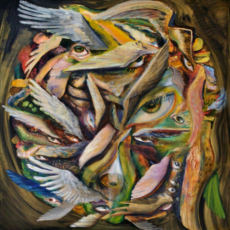 Painting showing birds wings and human eyes tangled up.
