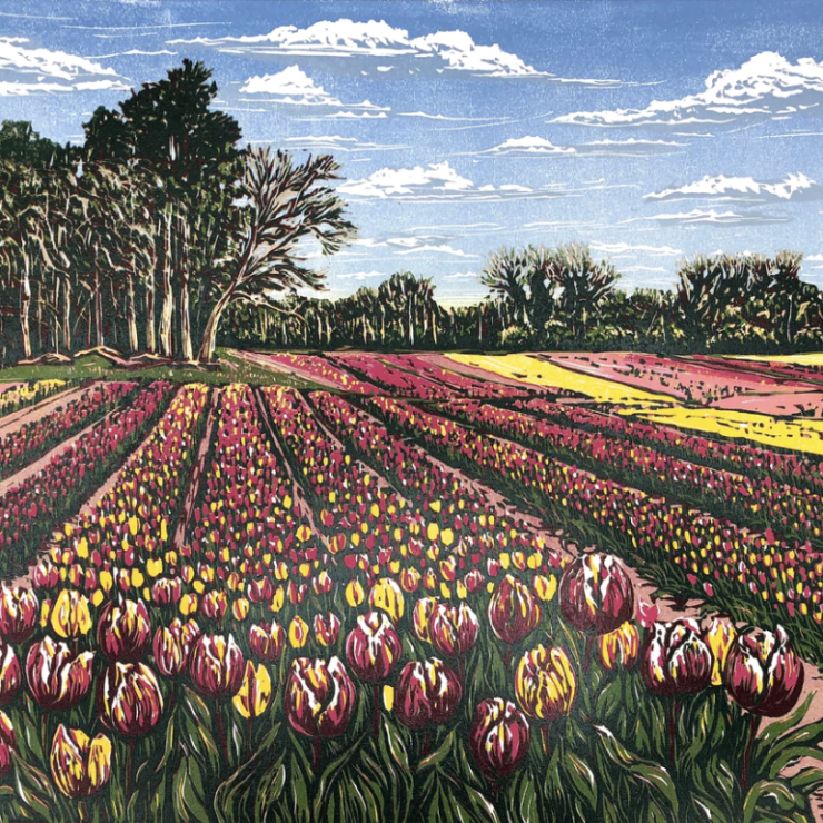 Lino print of field of tulips.