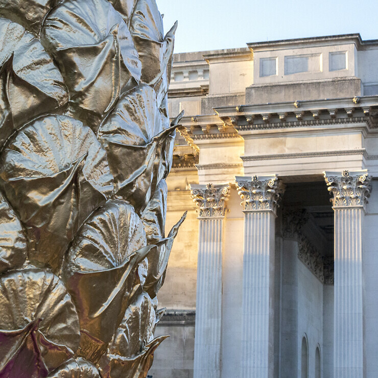 Sculpture of a pineapple in front of the Fitzwilliam Museum, Cambridge.