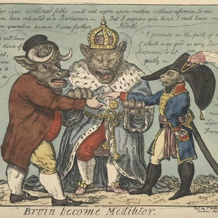 Historic illustration with animals dressed as a king and generals.