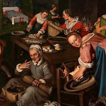 Early modern painting showing a busy kitchen with women preparing food.