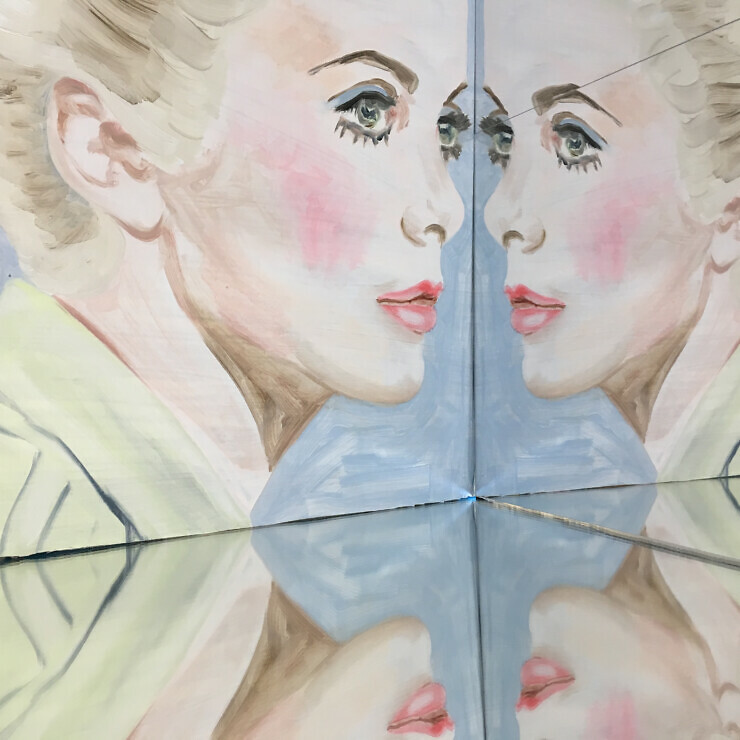 Painting of Catherine Deneuve reflected in mirrors.