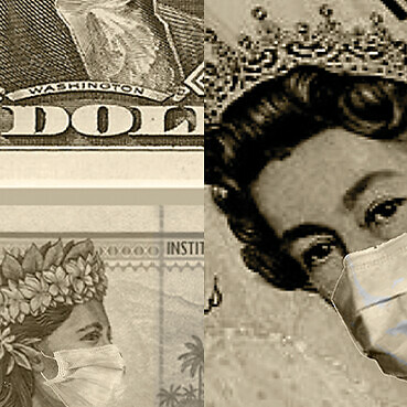 Collage of paper bills with faces wearing masks, including the Queen.