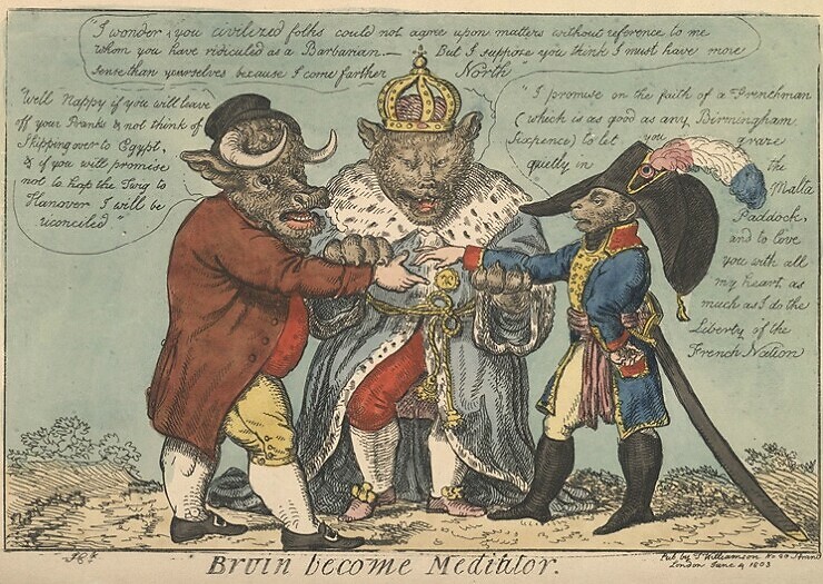 Historic illustration with animals dressed as humans.