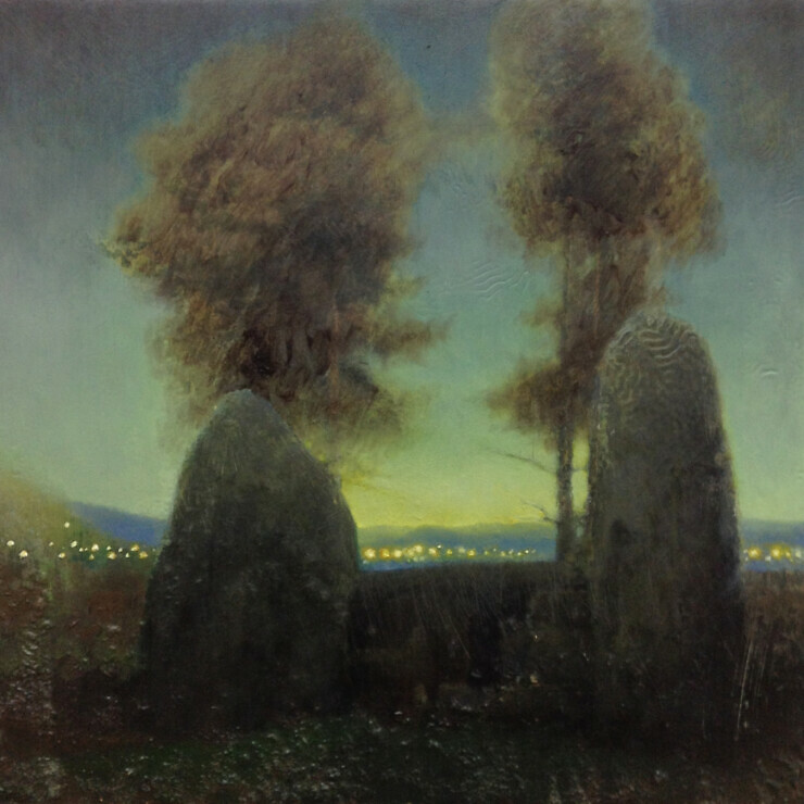 Painting of standing stones at sunrise.