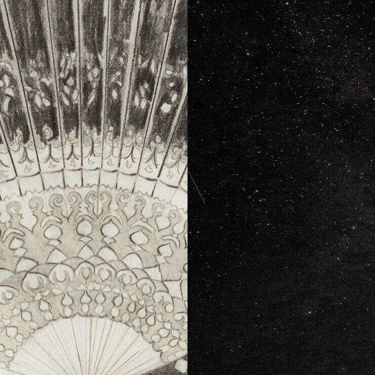 Vertically split image with a drawing of a decorative fan and a photograph of the night sky.