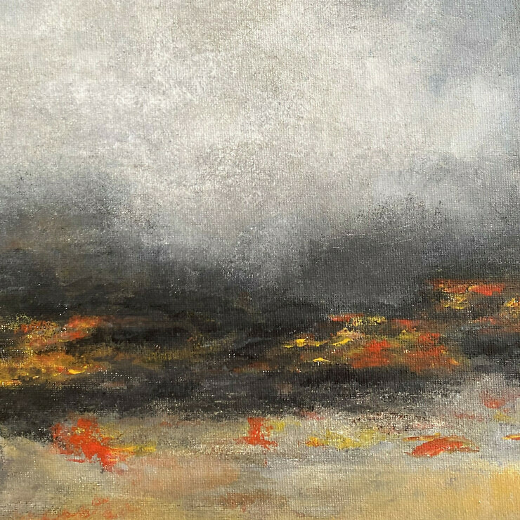 Abstract painting resembling a monochrome landscape with fiery red and yellow patches.