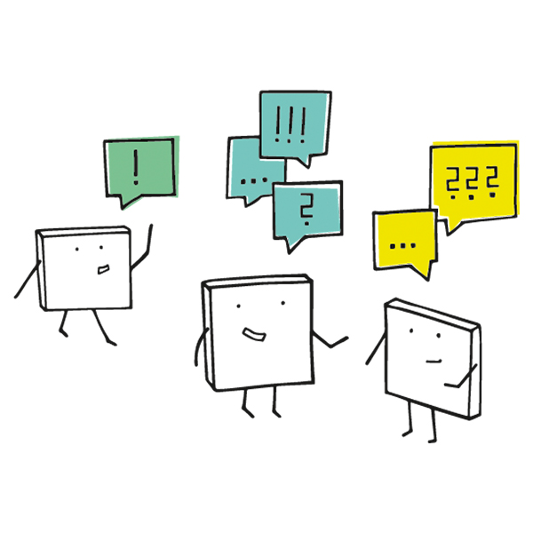 Cartoon with square characters and speech bubbles.