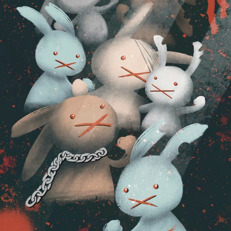 #MeToo in China exhibition poster with cartoon of bunnies and a chain.
