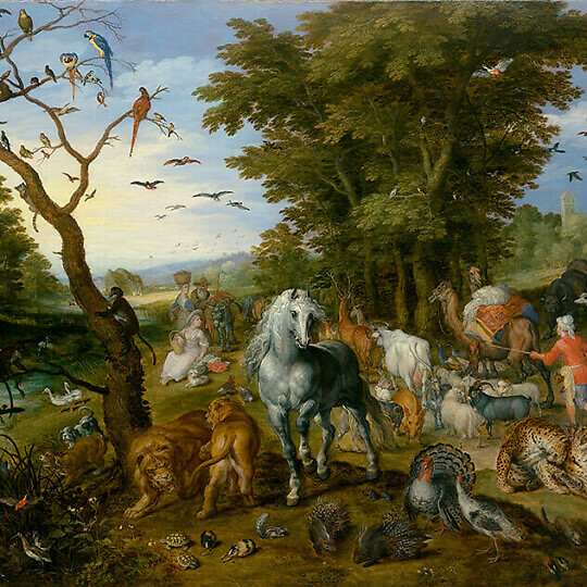 Noah's Arc painting by Jan Brueghel the Elder, showing an array of animals and groups of people assembling by a riverside.