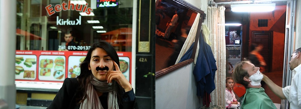 Woman with moustache looking at many being shaved