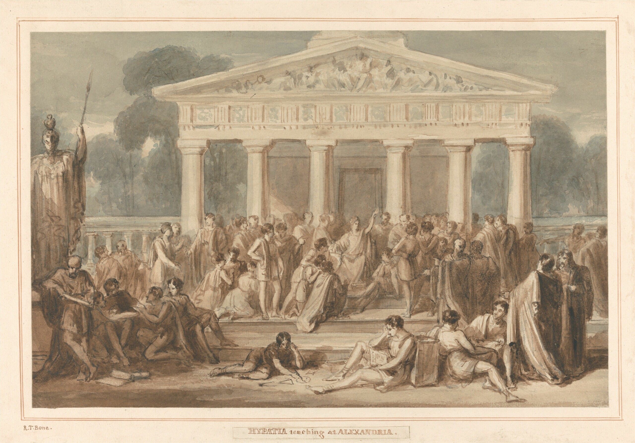 Watercolor and brown ink image of Hypatia teaching at Alexandria, where she is surrounded by a crowd of interested people, seated in front of a classical building.