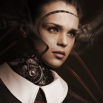 Steampunk style robot woman, with a face partially detached showing Victorian-style cogs and mechanisms