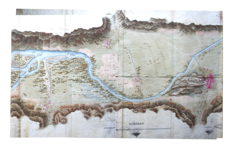 Old map of Geneva with river running through it