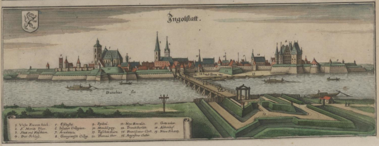 The Bavarian fortress at Ingolstadt seen from the south: 16th century waterworks and fortifications with minor 17th century additions