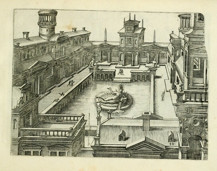 Imaginary cityscape with fountain by Hans Vredeman de Vries