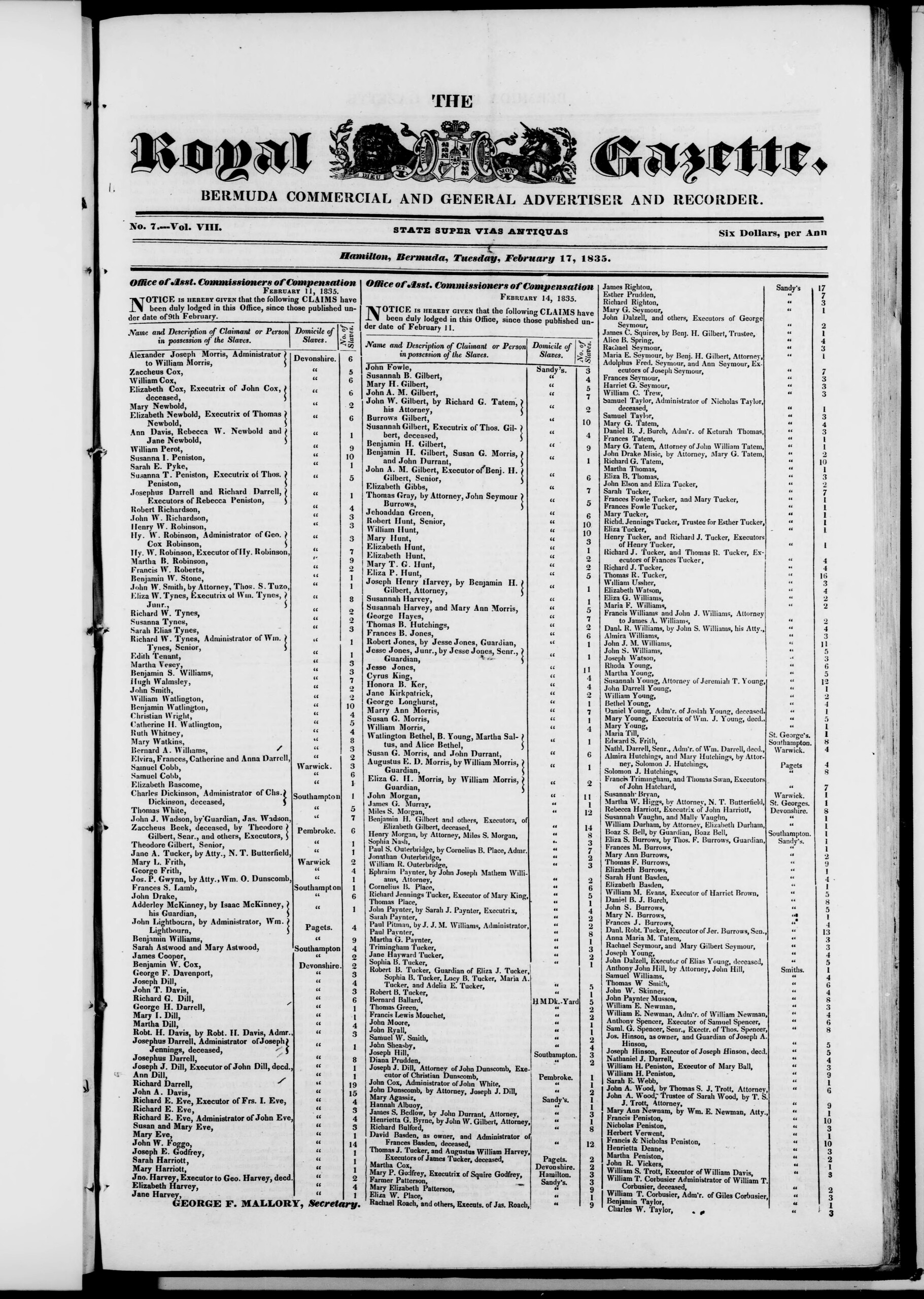 Bermuda royal gazette listing of slavery compensation