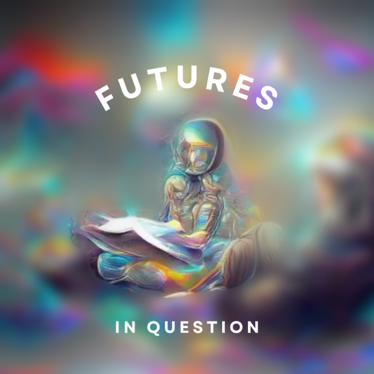 Futures in question network logo with a psychedelic blurry background and an abstract human figure reading in the foreground.