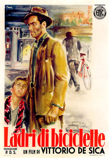 'Ladri di biciclette' film poster showing a man and a boy.