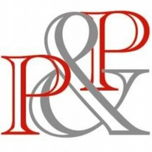 P and P logo. Red text on grey ampersand