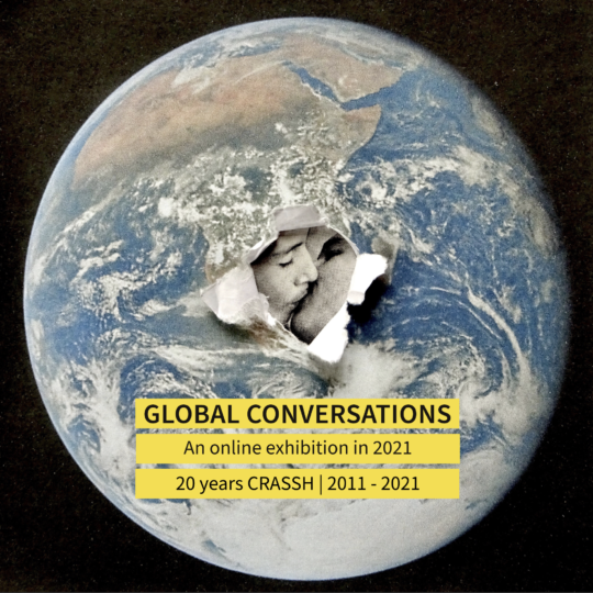 Global Conversations exhibition catalogue cover with image of a globe and a couple kissing in the centre.