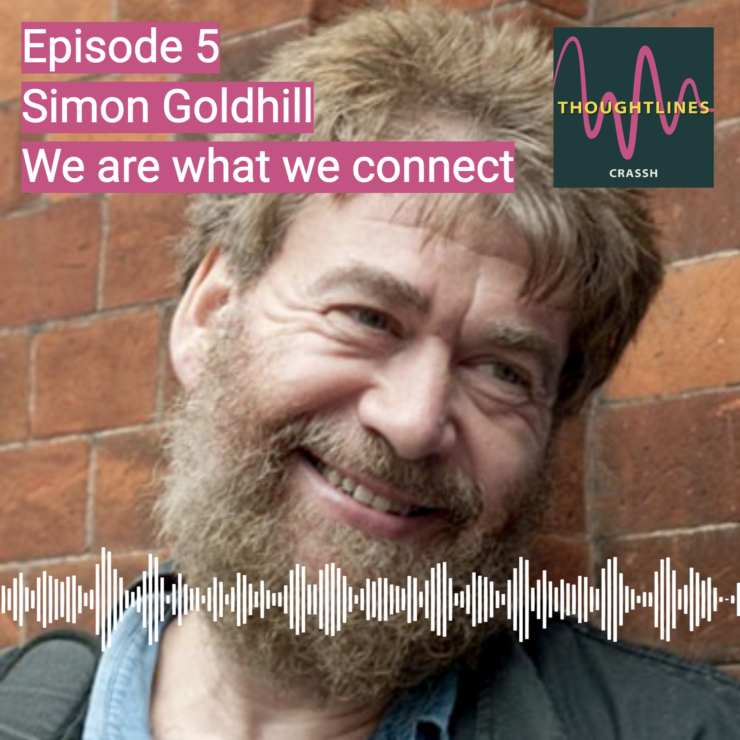 Podcast teaser image with portrait of Simon Goldhill.