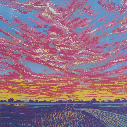 Linocut of a Norfolk sky at sunset with red and yellow clowds stretching into the distance.