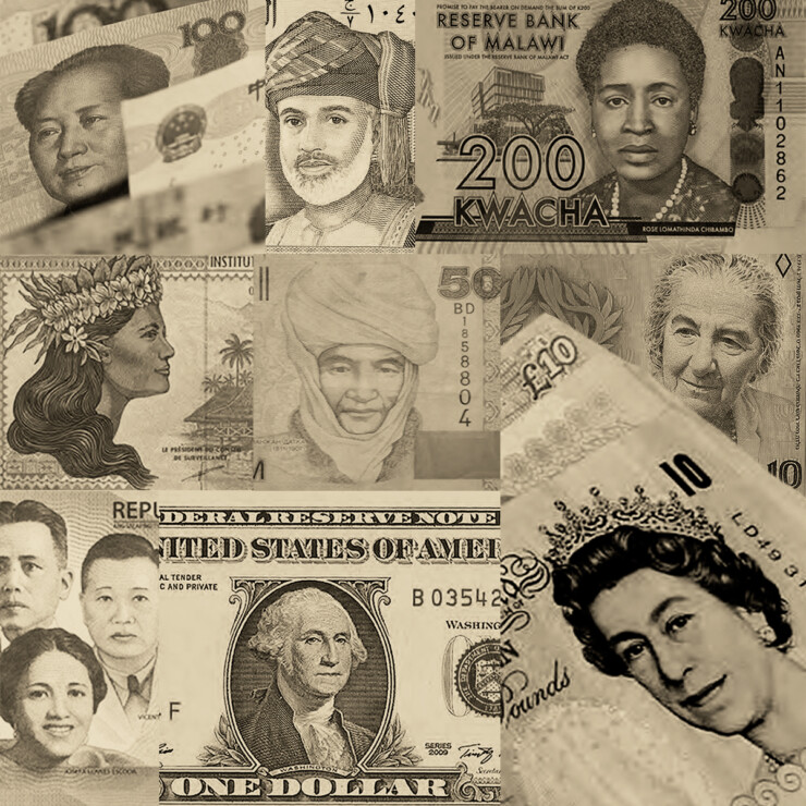 Collage with many different types of bank notes.