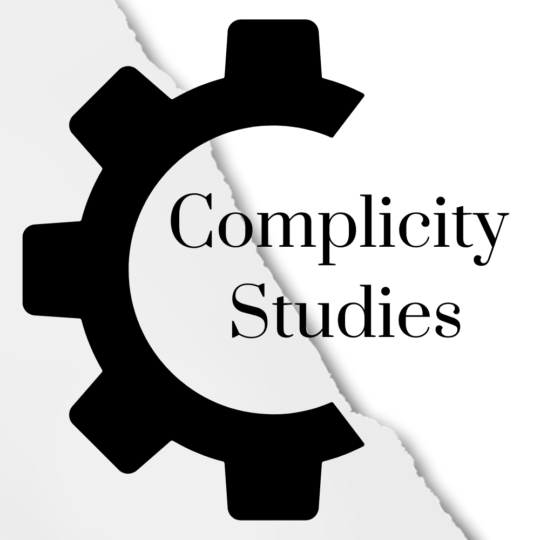 Logo with an abstract cog and the words 'Complicity Studies' in front of a background of torn sheets of paper.