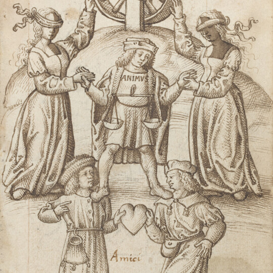 An early 16th century ink wash drawing of three male figures (one standing on the shoulders of the two others) holding a heart and two female