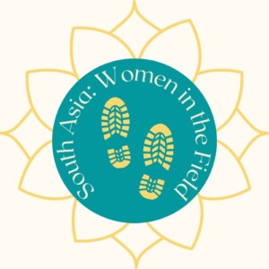 Logo showing an abstract line drawing of flower pedals with a green circle in the centre. The circle has two boot prints on it, and the words 'South Asia: Women in the field' are arranged around the outside of the circle.