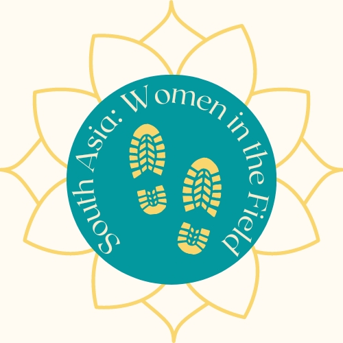 Logo showing an abstract line drawing of flower pedals with a green circle in the centre. The circle has two boot prints on it, and the words 'South Asia: Women in the field' are arranged around the outside of the circle.