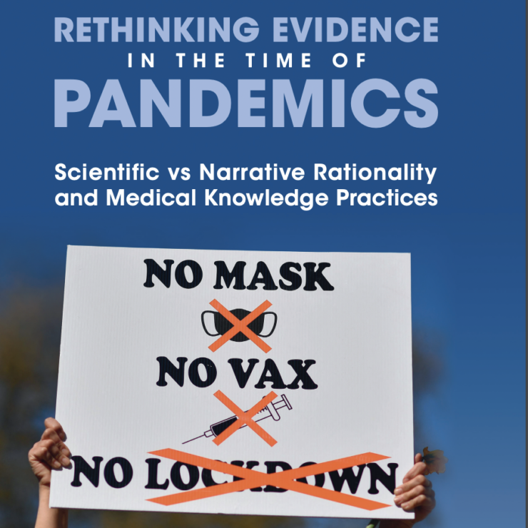 Book cover of' Rethinking Evidence in the Time of Pandemics' with an image of a placard being held with the words 'no mask', 'no vax', 'no lockdown'.
