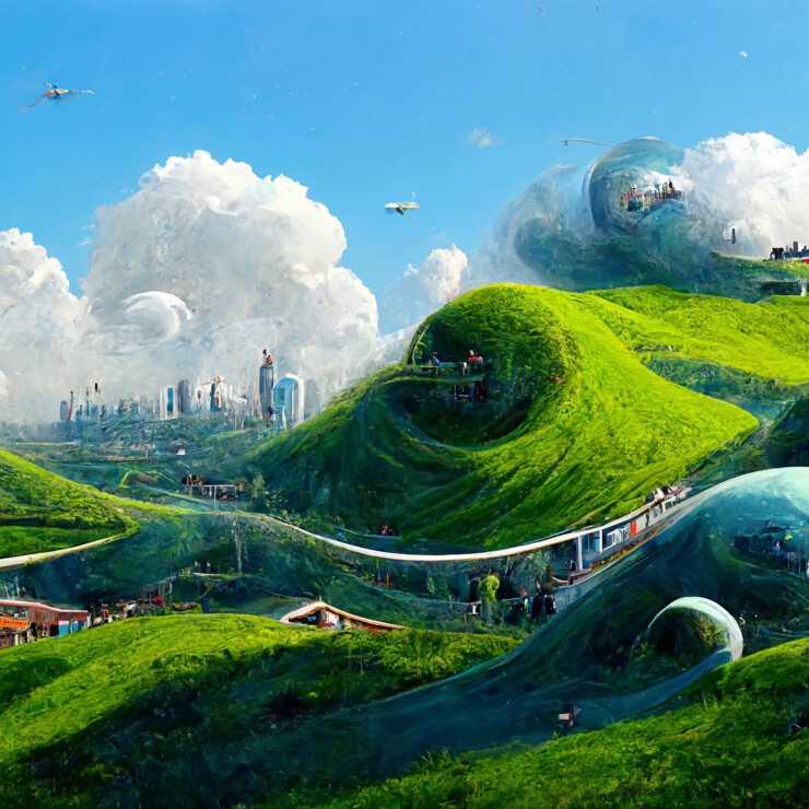 Utopian landscape with a city in the distance