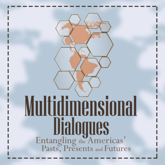 Multidimensional dialogues network logo with a blotchy blue background and a map of the Americas that is split over a group of honeycomb shapes.