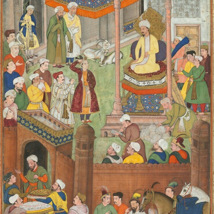 The elegant figure of Babur wearing a pale yellow coat is shown seated on his newly won throne in Delhi just after the decisive battle against the Afghans in 1526. He looks directly at his son Humayun, who salutes him, having secured for the first Mughal emperor the allegiance and territories of a Hindu king to the south. Among the tribute presented to Babur on this occasion was the 793-carat Koh-i-Noor diamond, now recut and set in Queen Elizabeth II’s crown.