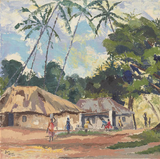 Painting of a Kenyan coastal village with hut and palm trees and people going about their day.
