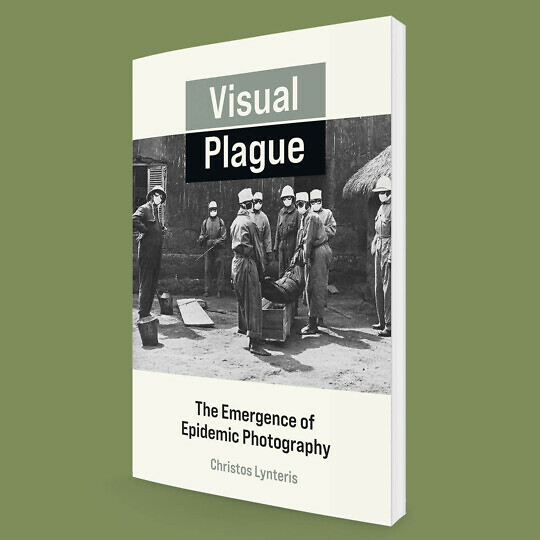 'Visual Plague' book cover showing an image of medical personal wearing masks lowering a body in a blanket into a coffin.
