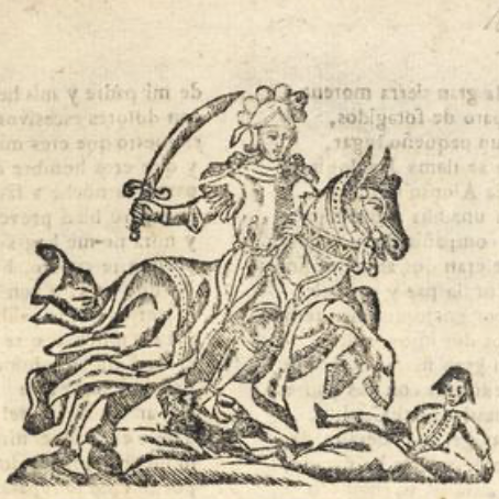 Illustration from a Spanish chapbook (1700-1900) showing a horseman wielding a sword, while another person is lying on the floor in danger of being trampled by the horse.
