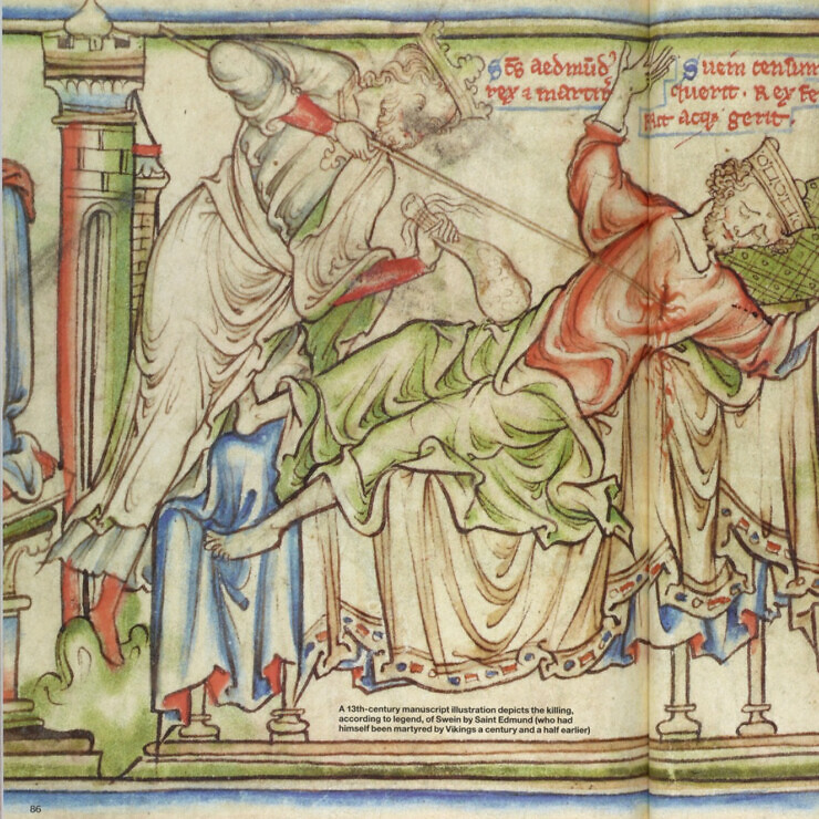 Medieval book illustration showing one person wearing a crown and a white gown stabbing another who is lying on a bed.