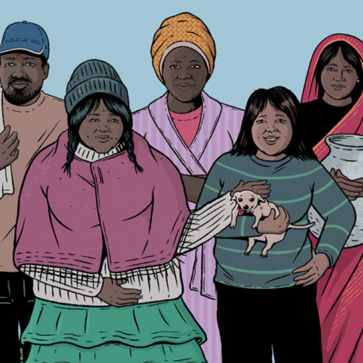 Cartoon of a diverse group of people in colourful clothing and head dresses. A girl in the front row is holding a very tiny dog.