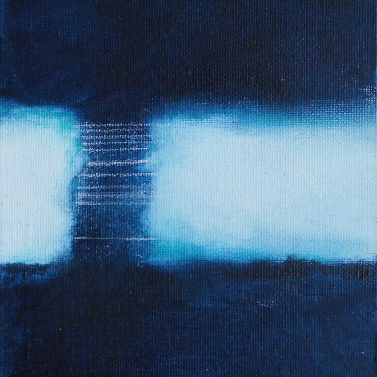 Abstract painting with dark and light blue horizontal bands by Ruth Rix.