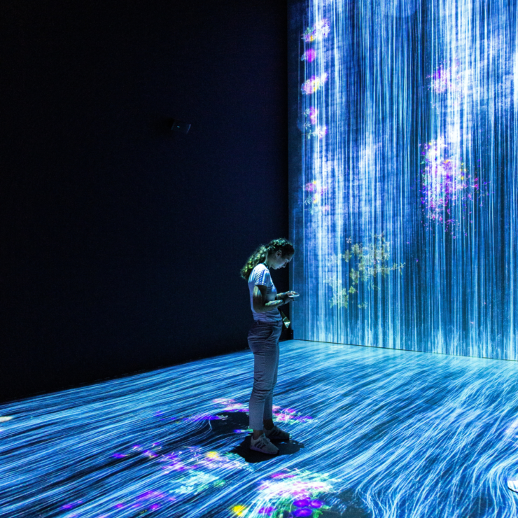 Digital scene with a person standing in what looks like a digital river.