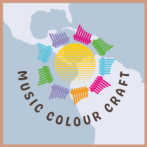 A yellow circle with rainbow-coloured pan pipes around it and the words Multi Coloured Craft underneath