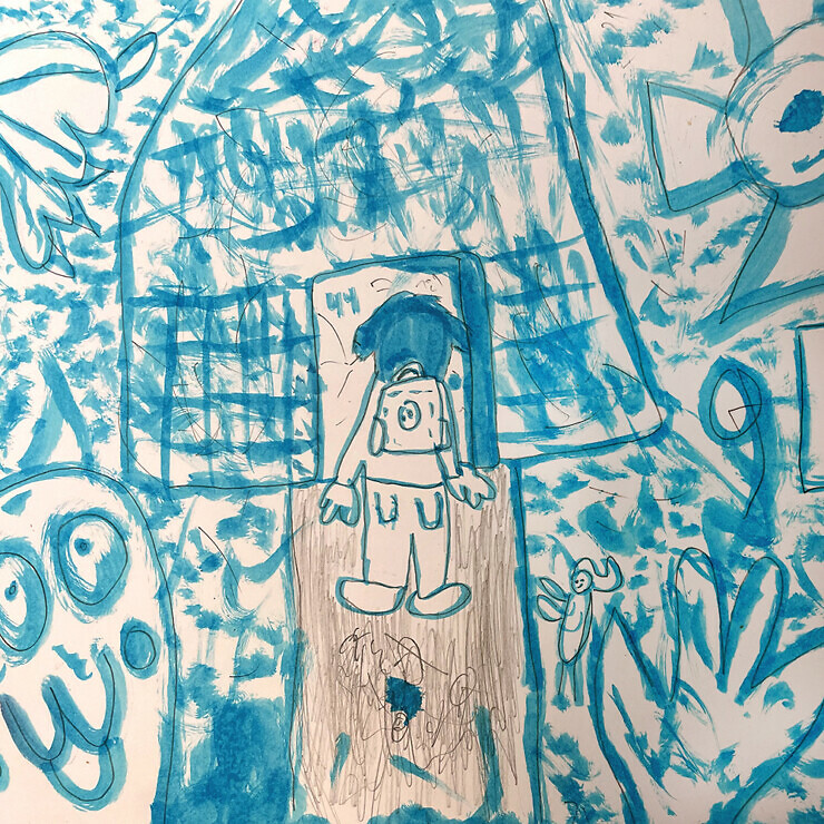 Children's drawing of a person standing on a path leading to a house that is surrounded by a garden.