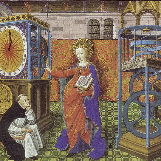 Medieval painting of a monch and a saint holding a book, surrounded by clocks.