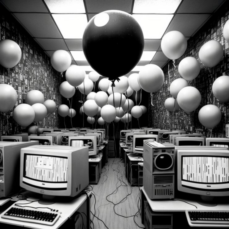 Black and white iAI mage of a room full of old computers and balloons.