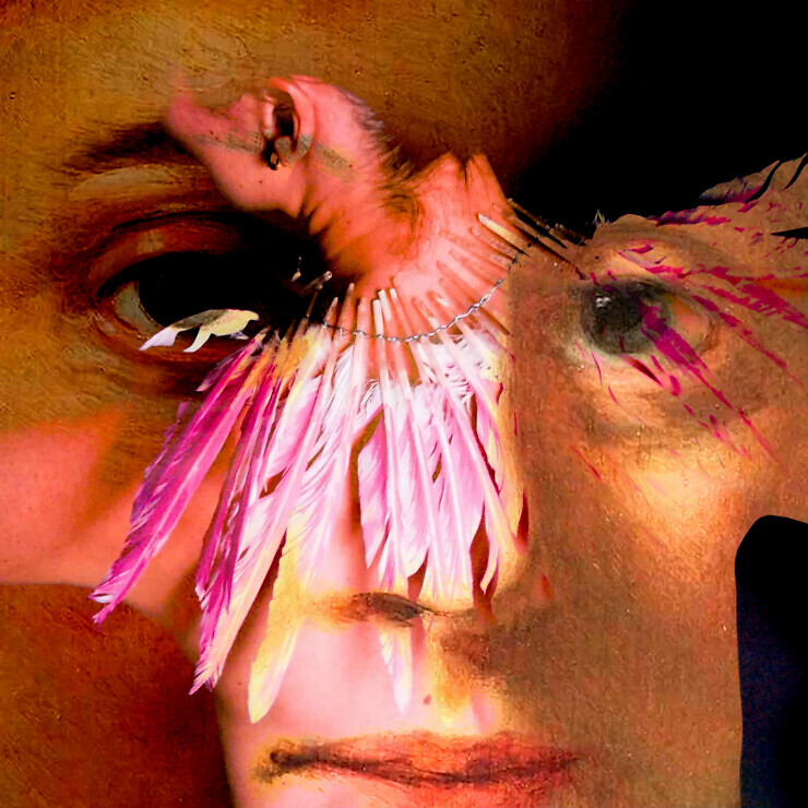 Film still with a dancer superimposed over a woman's face.