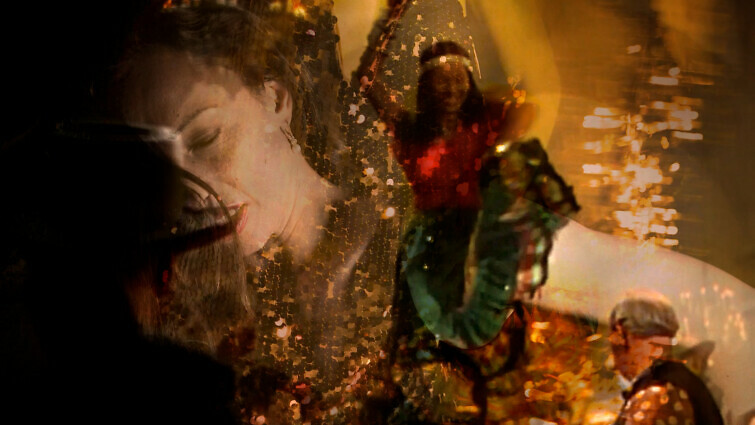 Film still with a dancer superimposed over the face of a woman.